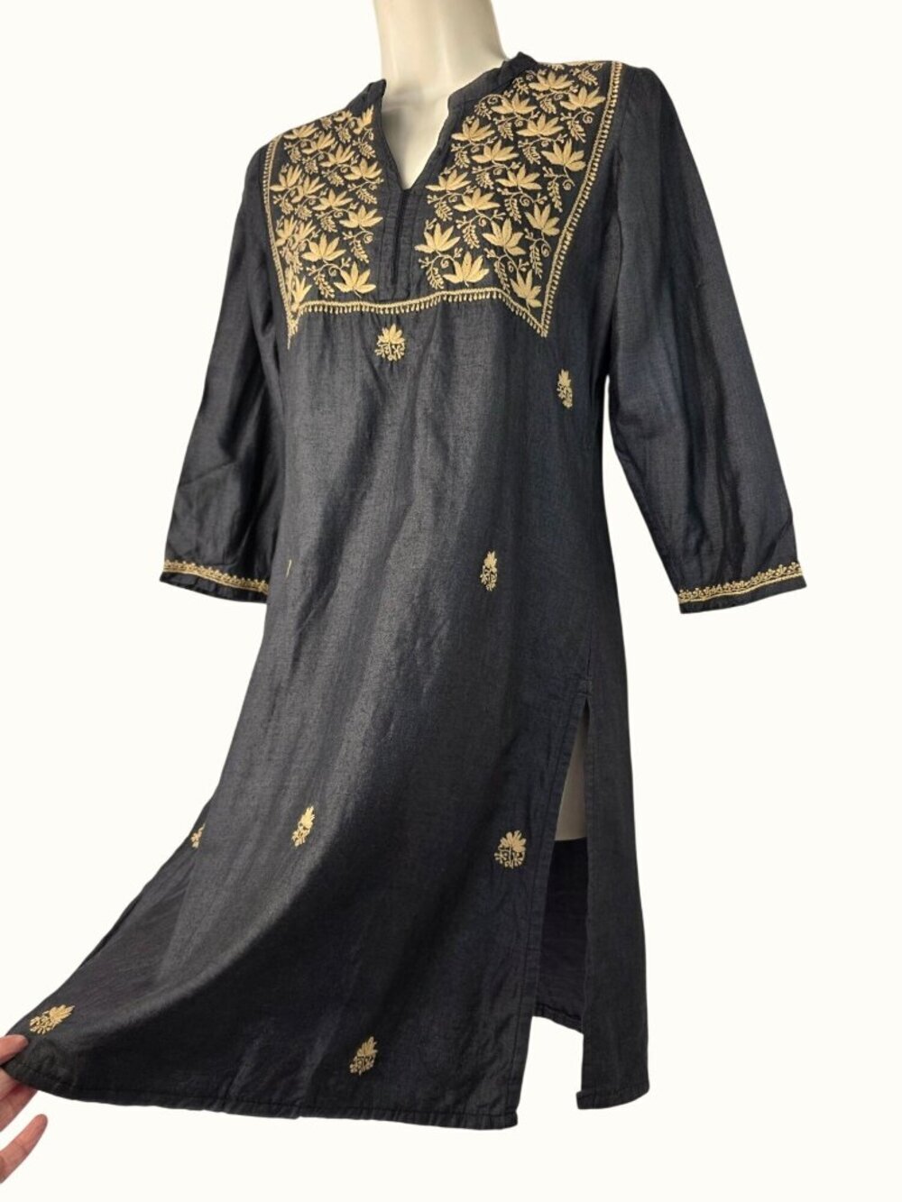 Fabindia Gray Silk Embroider Tunic Dress XS Cotton Lined India Kurta Boho Pocket